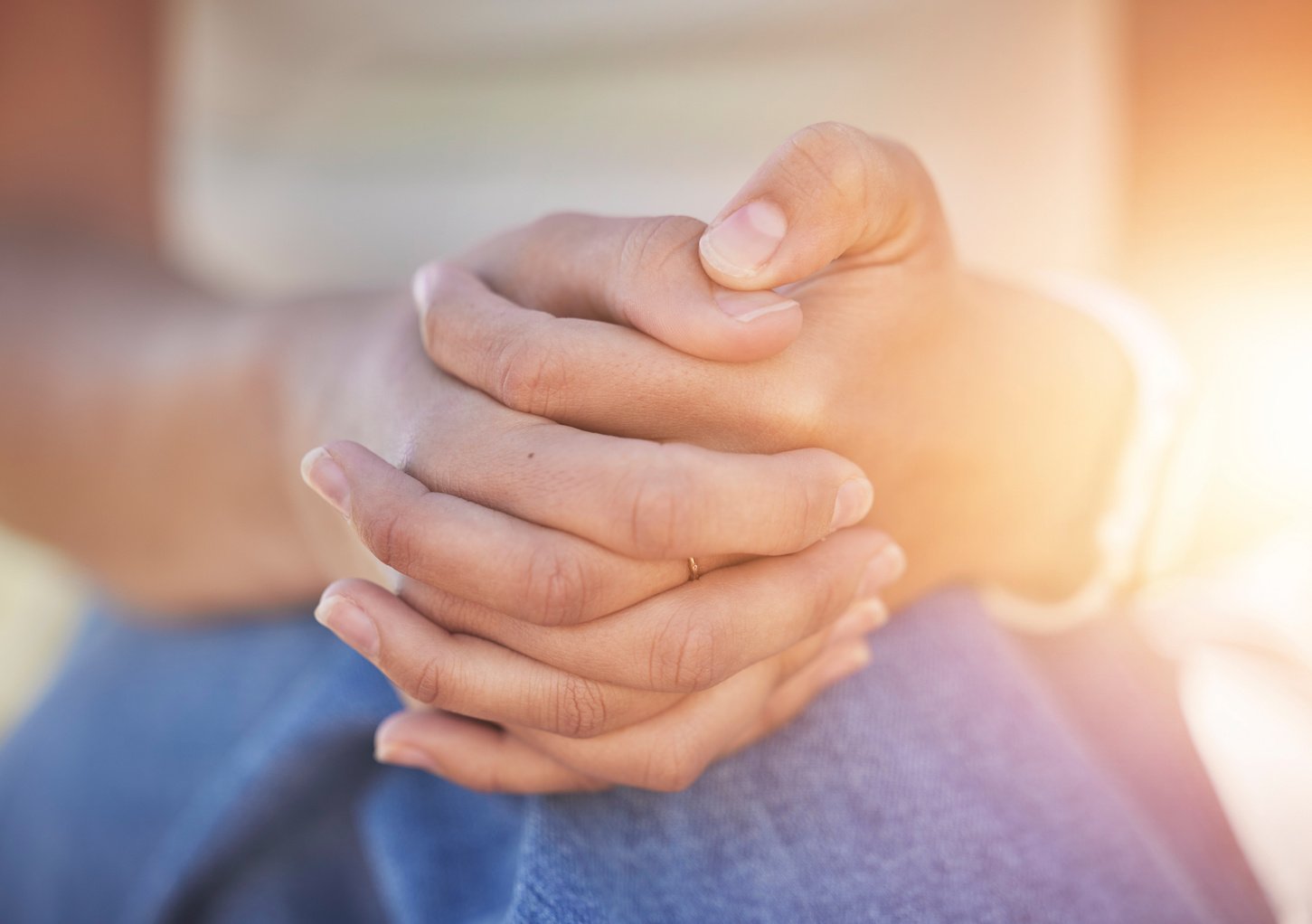 Woman, Hands Clasped and Nervous Depression, Anxiety or Mental Health in Psychology Crisis, Problem or Bipolar Risk. Zoom, Prayer Fingers or Person with Stress, Burnout Counseling Help or Mind Trauma